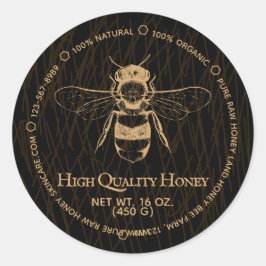 Pegatina Redonda Black Gold Boho Vintage Resumen Honey Jar Bee