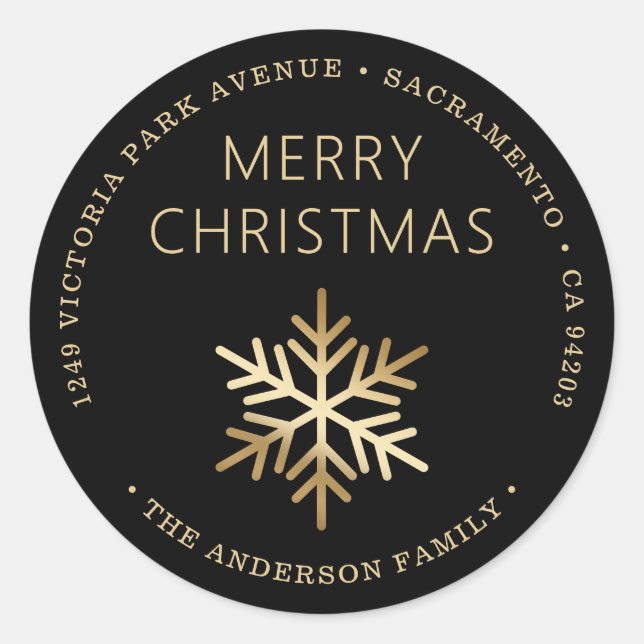 Pegatina Redonda Black Gold Christmas Snowflake Return Address (Anverso)