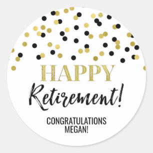 Pegatina Redonda Black Gold Confetti Happy Retirement