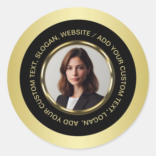 Pegatina Redonda Black & gold design, Logo or Photo in gold circle, (Anverso)