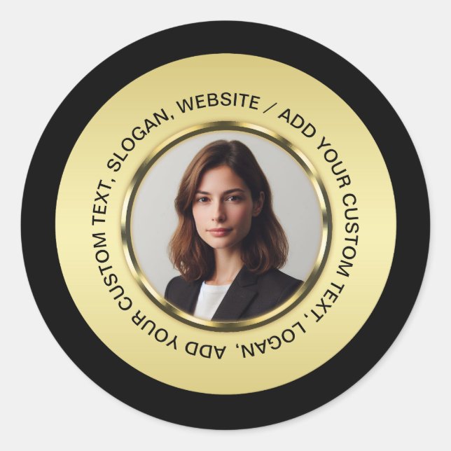 Pegatina Redonda Black & gold design, Logo or Photo in gold circle, (Anverso)