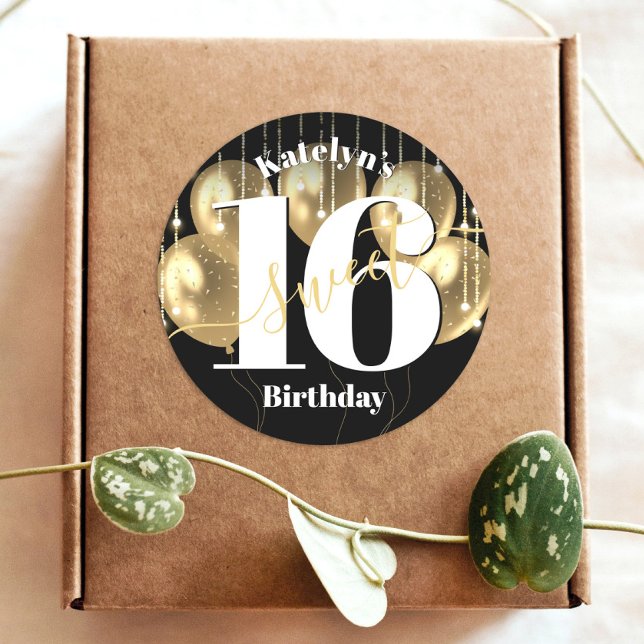 Pegatina Redonda Black Gold Girly Luxury Sweet 16 Globos de cumplea (Subido por el creador)