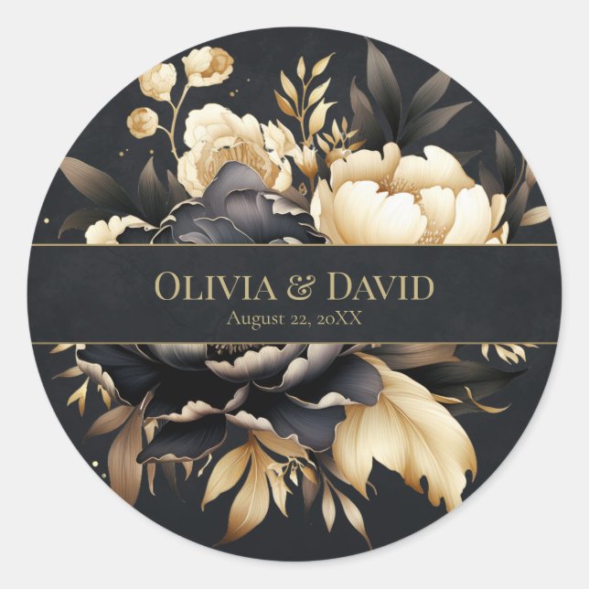 Pegatina Redonda Black & Gold Peony Wedding Round Sticker (Anverso)