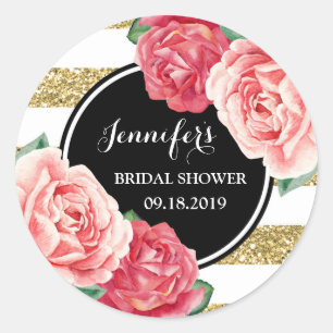 Pegatina Redonda Black Gold Pink Floral Bridal Shower Favorito Etiq