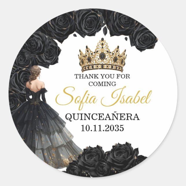 Pegatina Redonda Black Gold Quinceañera Custom Sticker (Anverso)