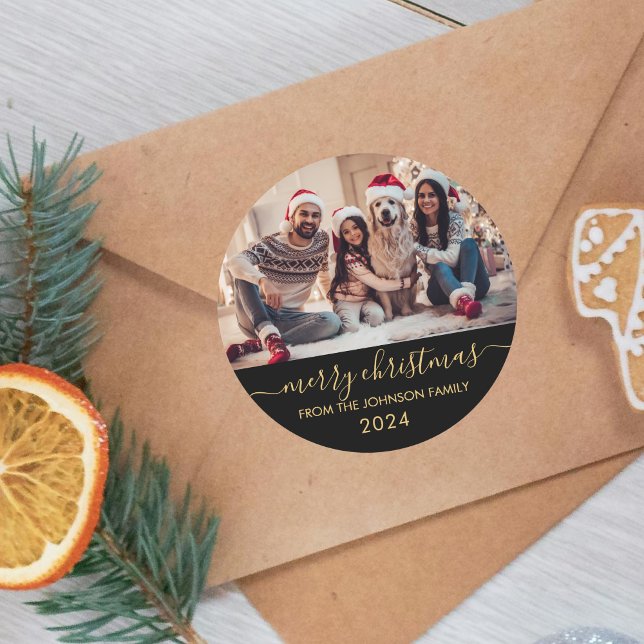 Pegatina Redonda Black Gold Script Family Photo Merry Christmas (Subido por el creador)