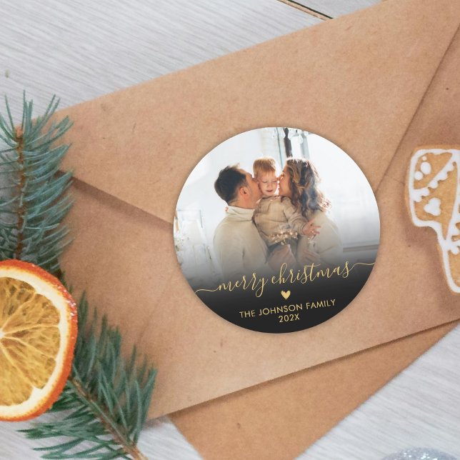 Pegatina Redonda Black Gold Script Family Photo Merry Christmas (Subido por el creador)