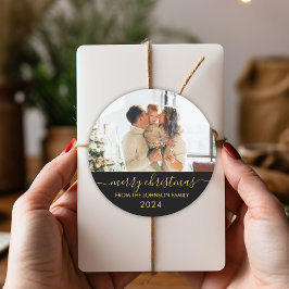 Pegatina Redonda Black Gold Script Family Photo Merry Christmas