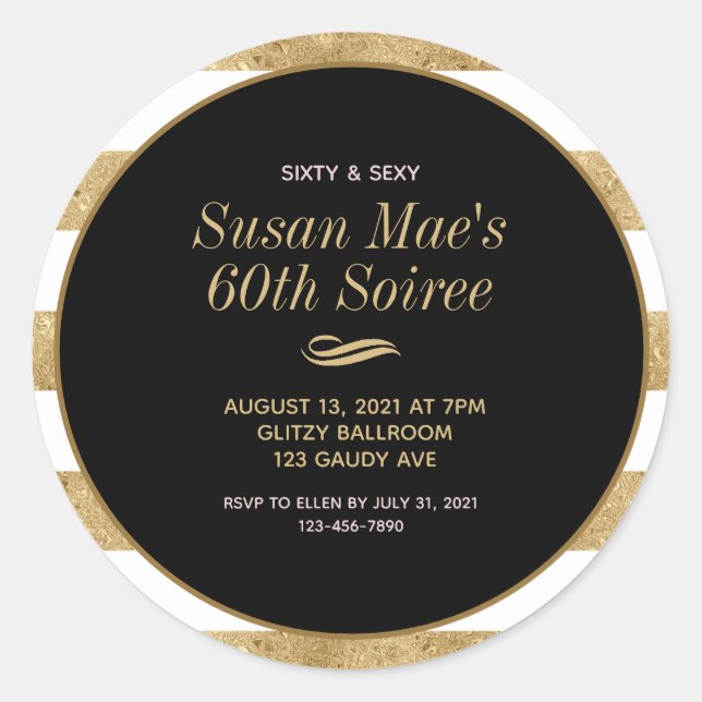 Pegatina Redonda Black Gold Sesenta y Sexy Fiesta de Cumpleaños 60 (Anverso)