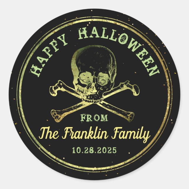 Pegatina Redonda Black & Gold Skull Gótico Feliz Halloween (Anverso)