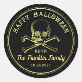 Pegatina Redonda Black & Gold Skull Gótico Feliz Halloween
