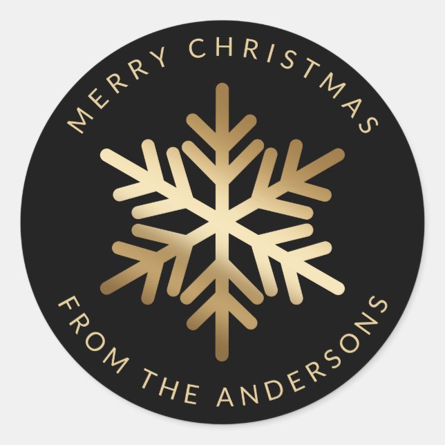 Pegatina Redonda Black Gold Snowflake Family Merry Christmas (Anverso)