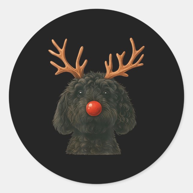 Pegatina Redonda Black Goldendoodle Christmas Lights Santa Hat Blac (Anverso)