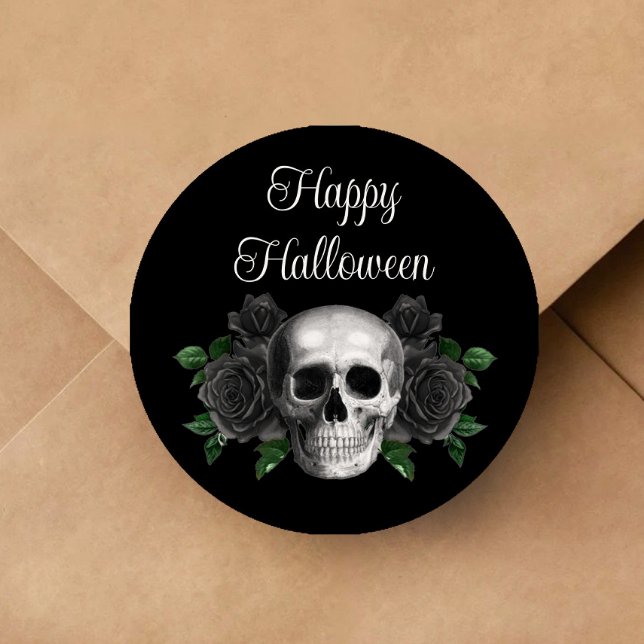 Pegatina Redonda Black Gothic Floral Skull Halloween (Black Gothic Floral Skull Halloween Classic Round Sticker)