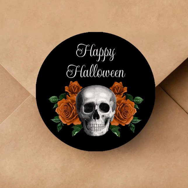Pegatina Redonda Black Gothic Floral Skull Halloween (Black Gothic Floral Skull Halloween Classic Round Sticker)