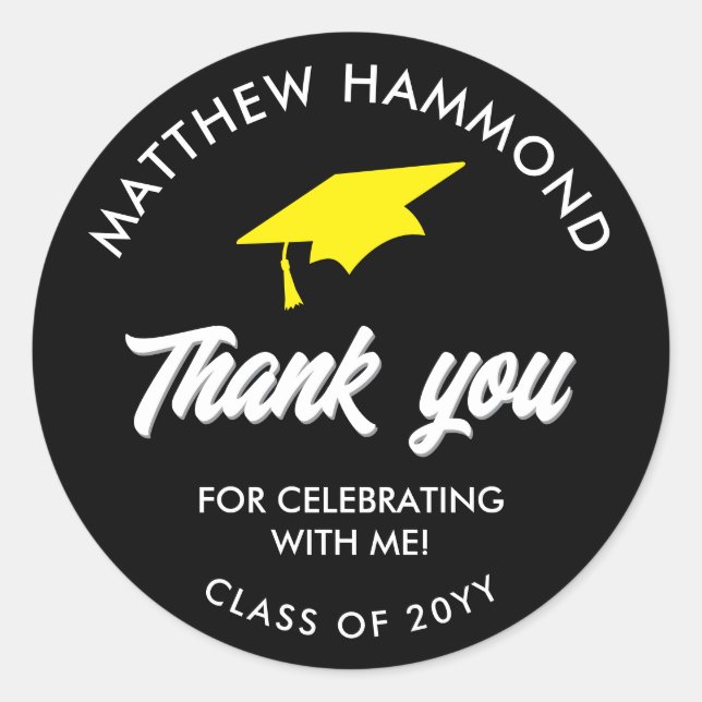 Pegatina Redonda Black Graduating Class Thank You Grad Cap (Anverso)