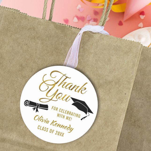 Pegatina Redonda Black Graduation Cap Gold Thank You Script Favor (Subido por el creador)