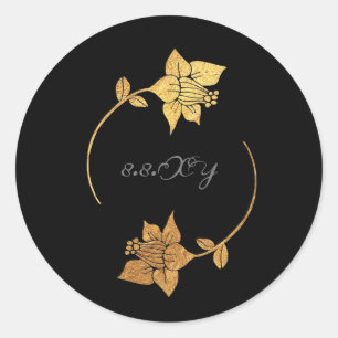 Pegatina Redonda Black Gray Gold Lux Floral Save The Date
