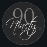 Pegatina Redonda Black Gray White 90th Birthday Party<br><div class="desc">Elegante pegatina de fiesta de cumpleaños 90 en blanco y negro con fondo negro,  la palabra "noventa" en un texto giratorio blanco y el número 90 impreso en gris. Diseño de Elke Clarke© para MonogramGallery en Zazzle.</div>