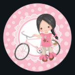 Pegatina Redonda Black Haired Bicycle Girl - Pink White<br><div class="desc">This design features a cute black haired girl with her pink bicycle. On pink and white cute scallop accent background.</div>