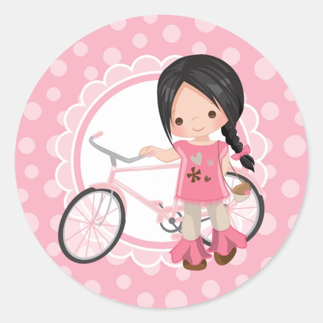 Pegatina Redonda Black Haired Bicycle Girl - Pink White (Anverso)