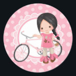 Pegatina Redonda Black Haired Bicycle Girl - Pink White<br><div class="desc">This design features a cute black haired girl with her pink bicycle. On pink and white cute scallop accent background.</div>
