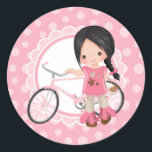 Pegatina Redonda Black Haired Bicycle Girl - Pink White<br><div class="desc">This design features a cute black haired girl with her pink bicycle. On pink and white cute scallop accent background.</div>