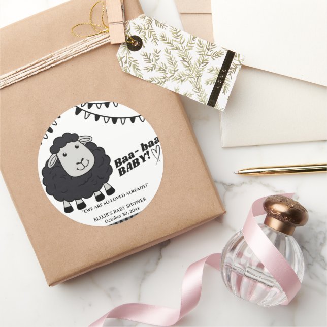 Pegatina Redonda Black Kawaii Little Lamb Baby Shower (Regalar)