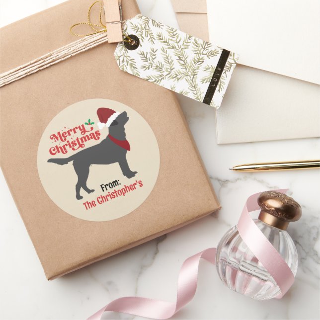 Pegatina Redonda Black Lab Labrador Feliz Navidad (Regalar)