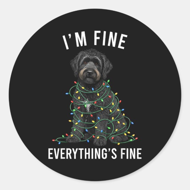 Pegatina Redonda Black Labradoodle Christmas I'm Fine Everything Is (Anverso)