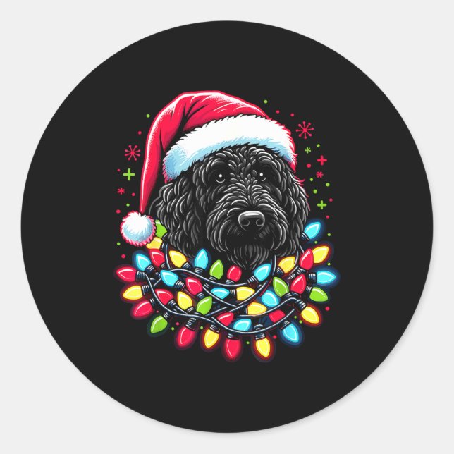 Pegatina Redonda Black Labradoodle Christmas Tree Xmas Lights Doodl (Anverso)