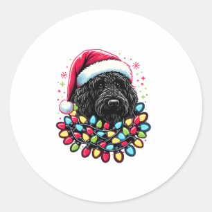 Pegatina Redonda Black Labradoodle Christmas Tree Xmas Lights Doodl