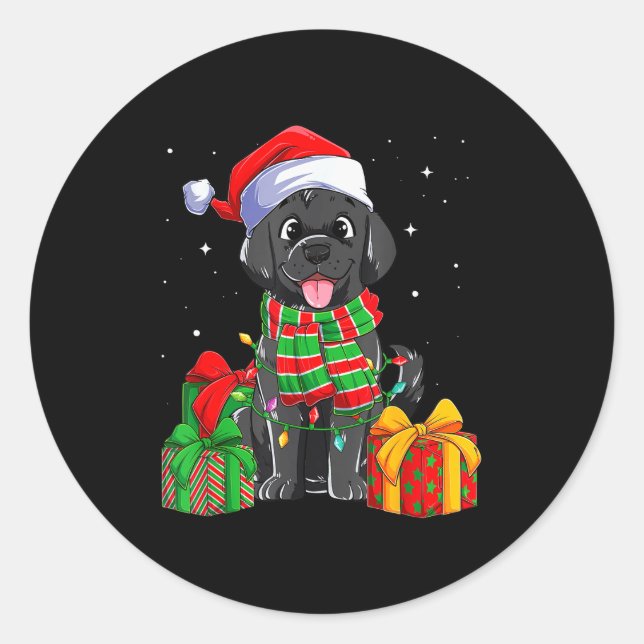 Pegatina Redonda Black Labrador Retriever Christmas Lights Xmas Lab (Anverso)