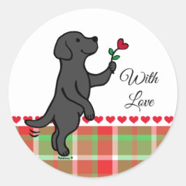 Pegatina Redonda Black Labrador Tiny Heart Flower Valentine