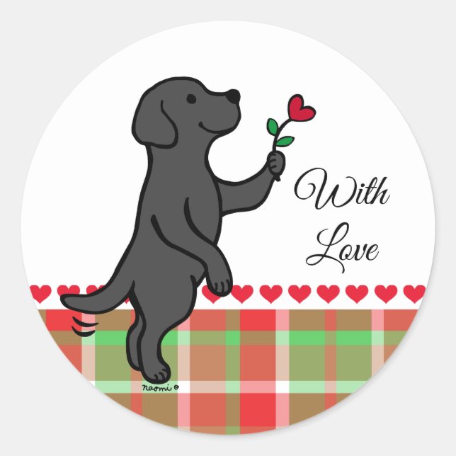 Pegatina Redonda Black Labrador Tiny Heart Flower Valentine (Anverso)