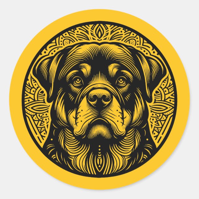 Pegatina Redonda Black Line Art Dog Face In Circle  (Anverso)