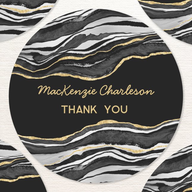 Pegatina Redonda Black Marble Agate Gold Geode Gracias Negocios (Black marble agate geode gold effect modern business thank you sticker)