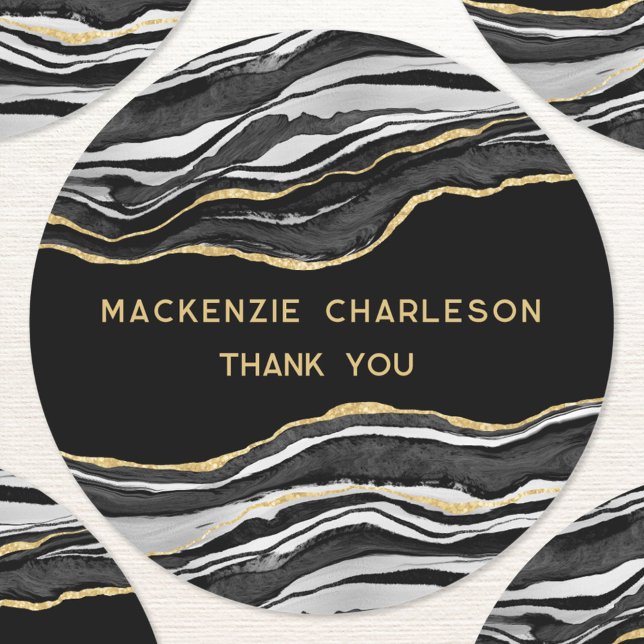 Pegatina Redonda Black Marble Agate Gold Geode Gracias Negocios (Black marble agate geode gold effect modern business thank you sticker)