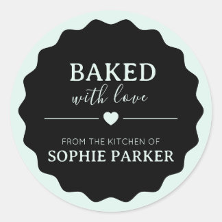 Pegatina Redonda Black Mint Green Baked With Love Scallop Sticker