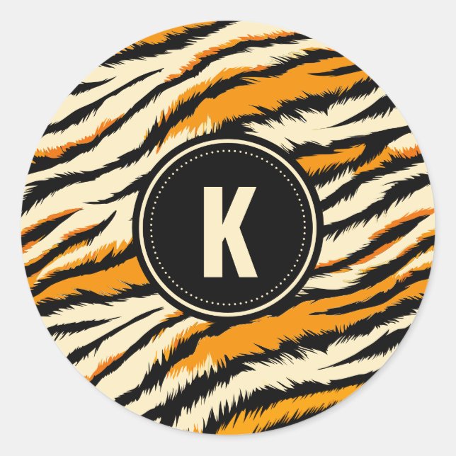 Pegatina Redonda Black Orange Tiger Stripes Pattern Monogram (Anverso)
