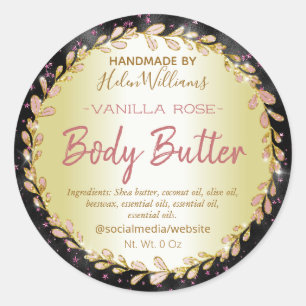 Pegatina Redonda Black Pink Sparkles Gold Body Butter Etiquetas