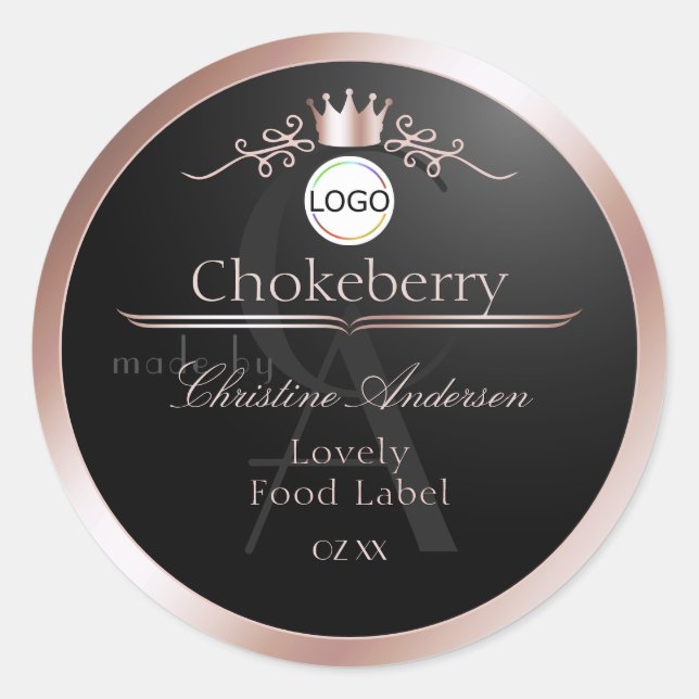 Pegatina Redonda Black Product Label Rose Gold Frame Logo Monogram (Anverso)