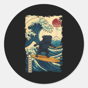 Pegatina Redonda Black Pug Japonés Kanagawa Wave Surfing Japan Mom