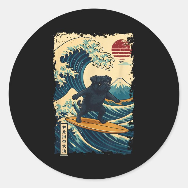 Pegatina Redonda Black Pug Japonés Kanagawa Wave Surfing Japan Mom (Anverso)