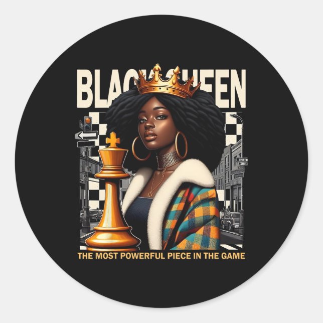 Pegatina Redonda Black Queen Chess Empowerment Black Culture Costum (Anverso)