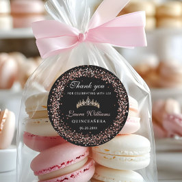 Pegatina Redonda Black & Rose Gold Quinceañera Birthday Thank you