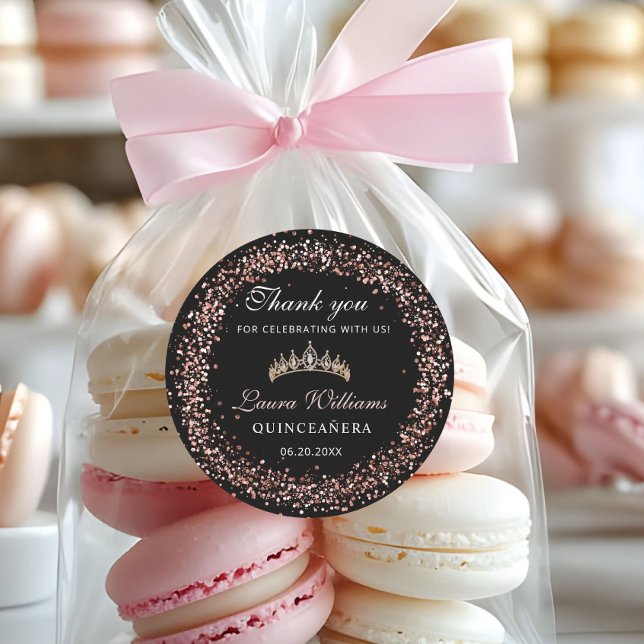 Pegatina Redonda Black & Rose Gold Quinceañera Birthday Thank you (Rpse Gold and Black Crown tiara quinceañera Thank you stickers)