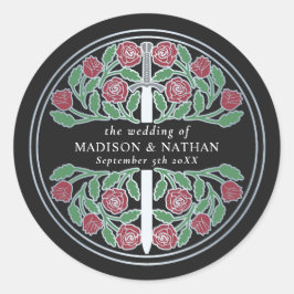 Pegatina Redonda Black Royal Medieval Silver Sword Wedding 