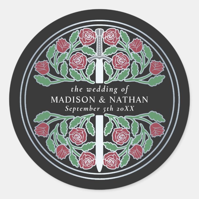 Pegatina Redonda Black Royal Medieval Silver Sword Wedding  (Anverso)