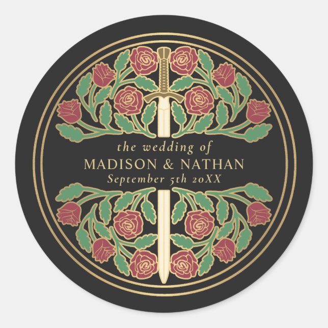 Pegatina Redonda Black Royal Medieval Sword Wedding  (Anverso)